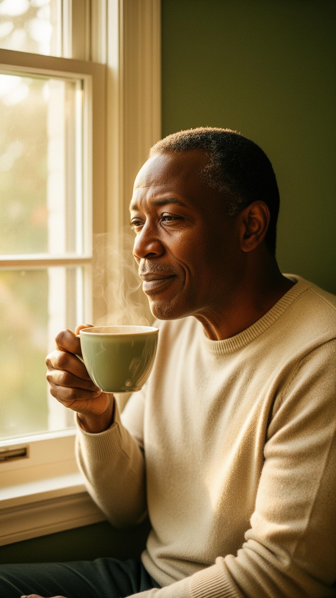 A man sipping tea by a sunlit window, calm and present