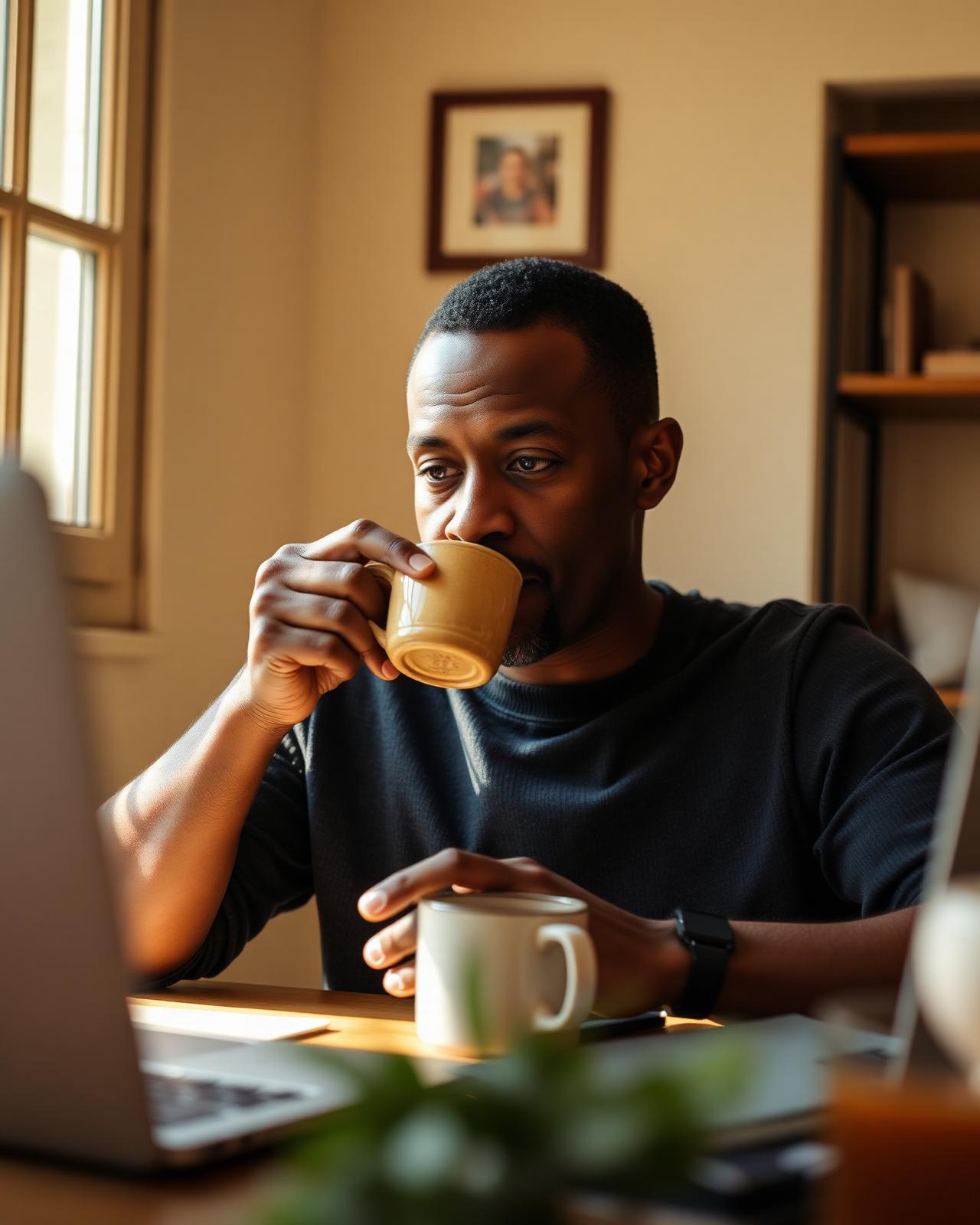 An African American man pausing with a cup of tea in soft window light